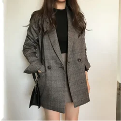 Blazer scozzese doppiopetto moda donna cappotto primavera Vintage manica lunga tasca con patta capispalla femminile giacca Blazer Chic Femme