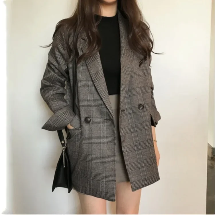 Women Fashion Double Breasted Plaid Blazer Coat Spring Vintage Long Sleeve Flap Pocket Female Outerwear Chic Blazer Jacket Femme