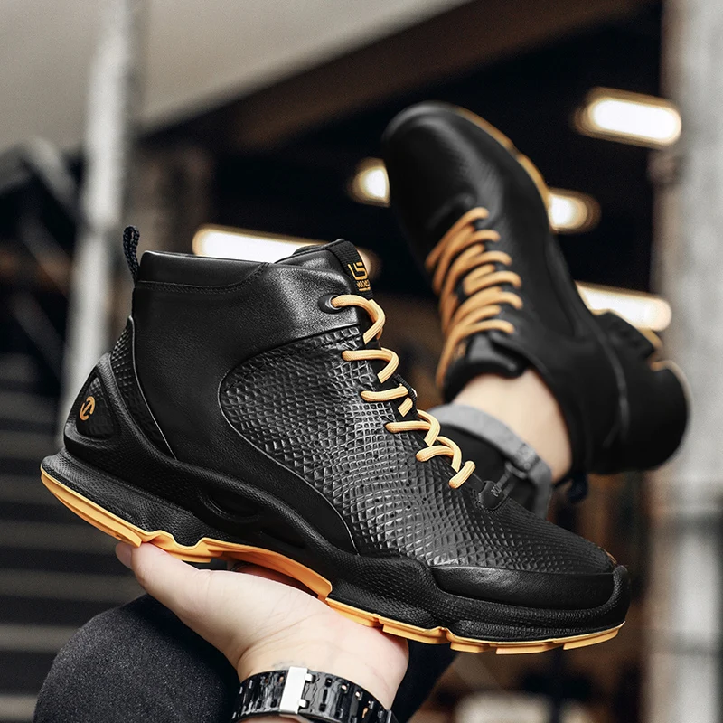 

Man Casual Sports Sneakers High Top Upper Shoes Leather Cowhide Shoes Arch Support Injection No Glue Walking Shoes