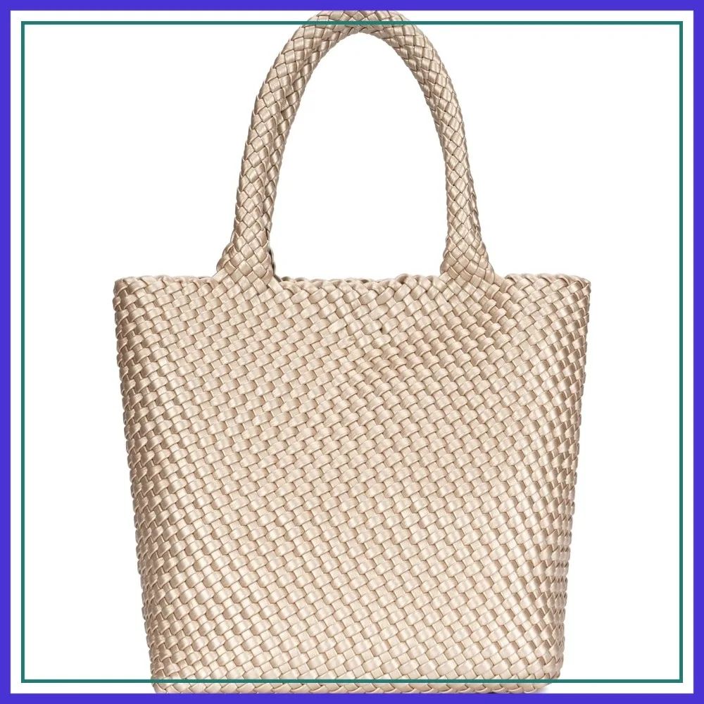 

Woven Tote Bag for Women, Handwoven Vegan Leather Shoulder Bag with Clutch, Large for Work, Travel & Beach