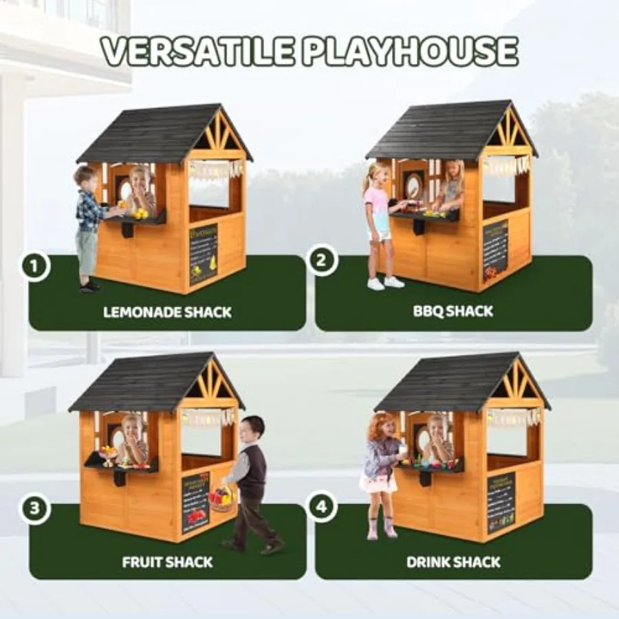 Outdoor kids wooden lemonade stand for ages 3-8, light brown, with 50 accessories, lemon sign banner and split door for imagina