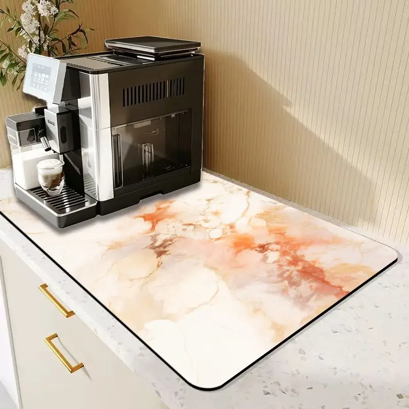 VIKAMA Warm Orange Vein Marble Coffee Mat Waterproof Quick Drying Absorbent Non Slip Coffee Bar Counter Mat
