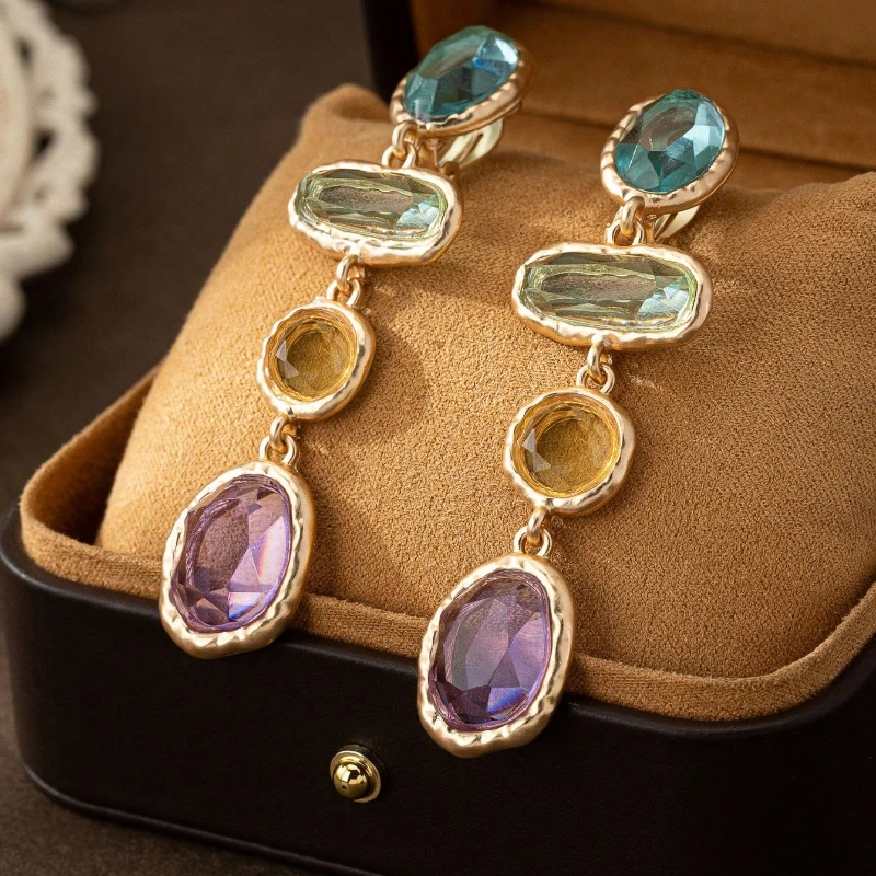 Mehrfarbige geometrische Tropfenohrringe für Damen, vergoldet, transparenter Kristall-Ohrring, modisch, für Hochzeit, Party, Alltag, Schmuck, Geschenk – Detail 3