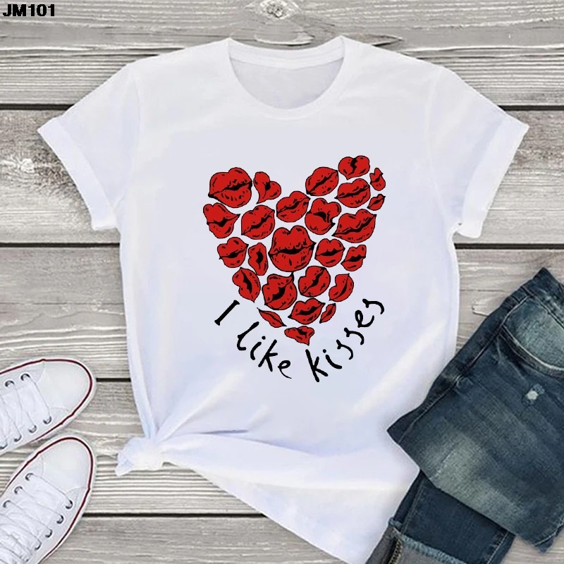 Like Kisses Print Women Tshirt Harajuku Ladies O-neck White T Shirt Summer Short Sleeve T-shirt Love Graphic Top Female Clothing