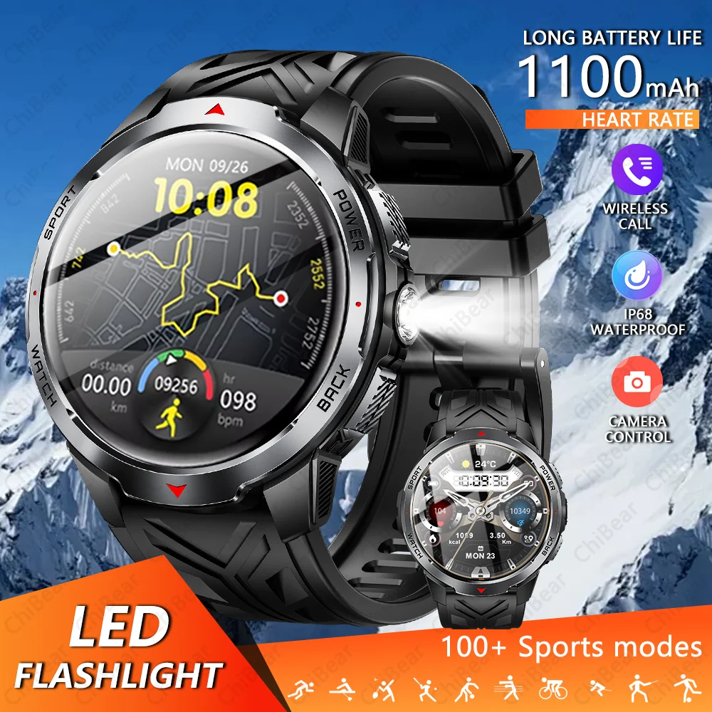 

1100mAh Large Battery Life NEW Military Outdoor Smartwatch Bluetooth Call Compass Flashlight Sports Fitness IP68 Men Smart Watch