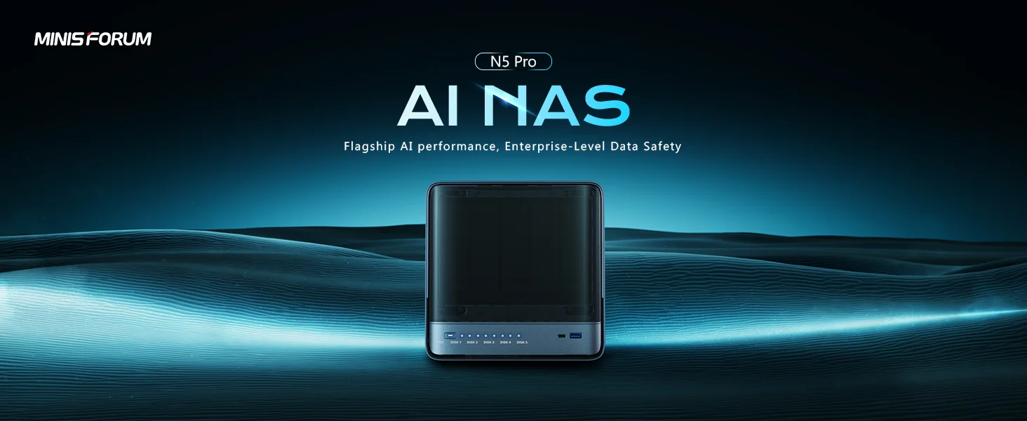 MINISFORUM N5 Pro AI NAS Server AMD Ryzen AI 9 HX PRO 370 12-Core 80 TOPS 10GbE + 5GbE Dual LAN OCuLink PCIe X16 USB4 5-Bay Storage