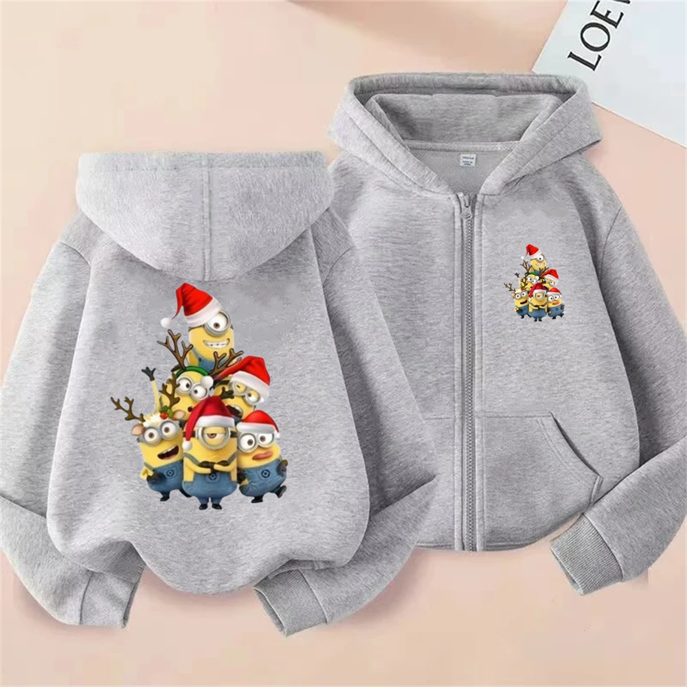 Christmas Santa Minions Hoodie Pink Children's Zipper Girls' Boy cardigan Coat Sweatshirt Kids Age 3-12 Toddler Leisure Top