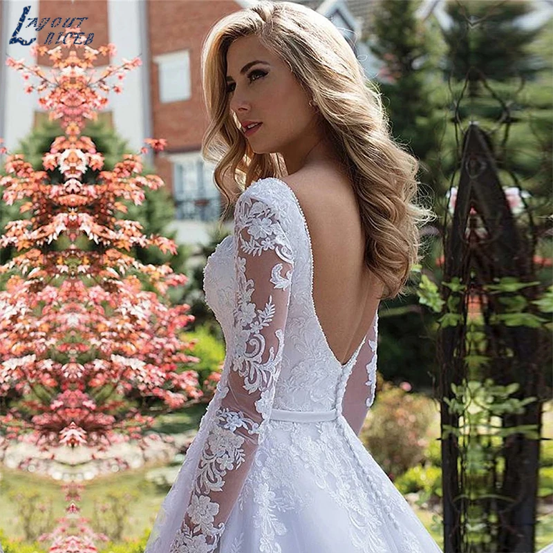 NICEB-vestido De novia elegante con Espalda descubierta, prenda De vestir con apliques De encaje, manga larga, talla grande, cuello en V, hecho a medida El elegante vestido de boda con espalda abierta con estampados de