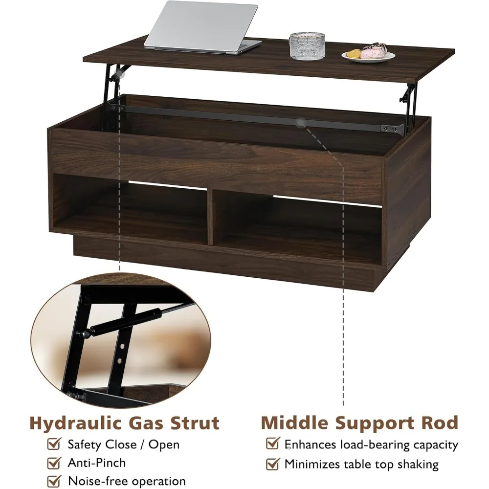 Lift Top Coffee Table with LED Light, Modern Center Table for Living Room, 3 Tiers Tea Table with Storage,Small Apartment Furni
