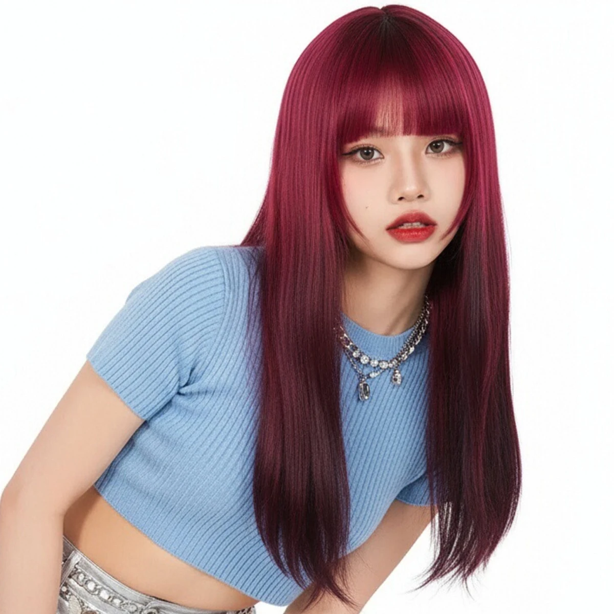 

VICWIG Длинные прямые красные парики с градиентом омбре с челкой Синтетические женские волосы Лолиты для косплея для повседневной вечеринки