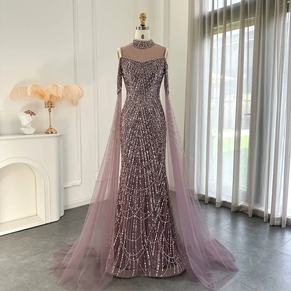 Women's High End Luxury Evening Dress Elegant Off Shoulder Floor Mopping Sheer Sleeves Prom Gown Full Body Beading Design Dress