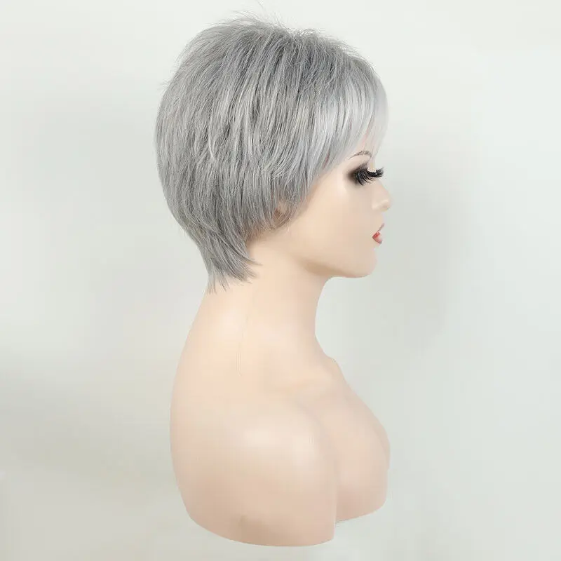 Peruca curta cinza prateada reta para mulheres, cabelo natural, boné feminino, novo