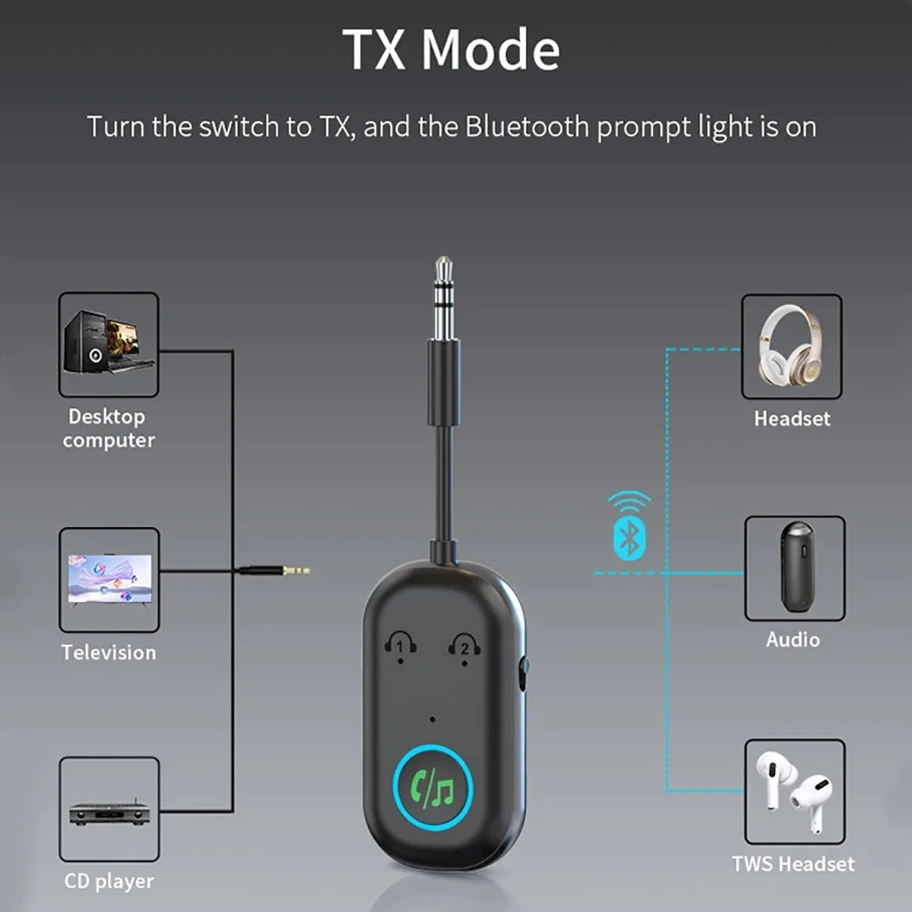 Adattatore Bluetooth 2 in 1 Trasmettitore Ricevitore Bluetooth 5.3 Adattatore wireless da 3,5 mm Stereo per auricolari TV Car Audio