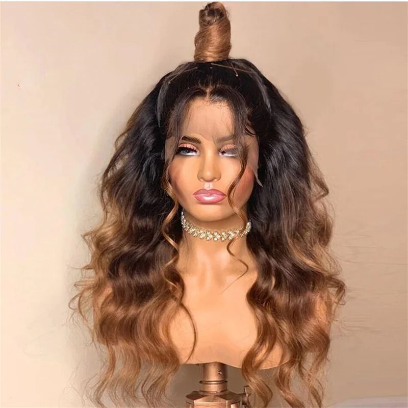 Glueless Ombre Brown Wave 26Inch 180Density 5x5 Silk Base Jewish Human Hair Wig Baby Hair HD Lace European Hair Preplucked Wig