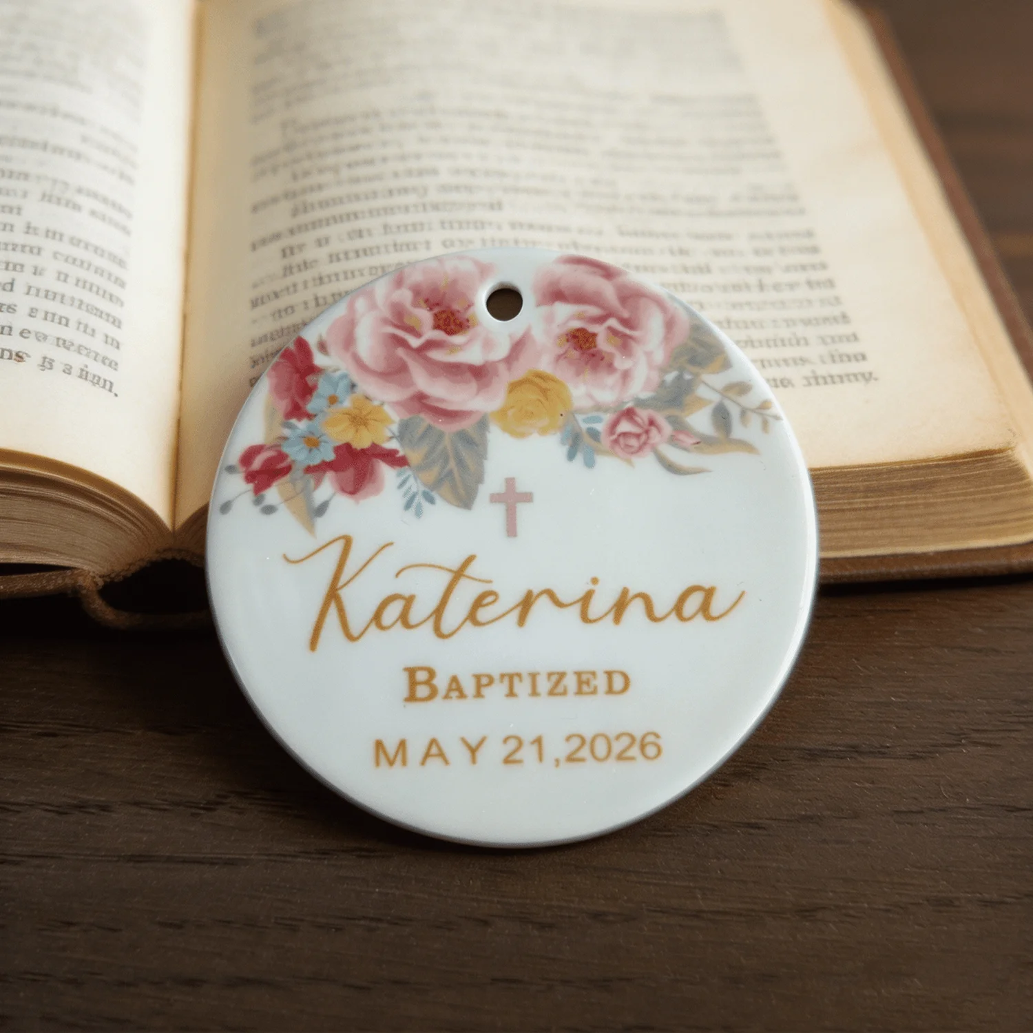 Custom First Holy Communion Ceramic Ornament Personalized Name Baptism Christening Gift Cross Floral Hanging Plaque