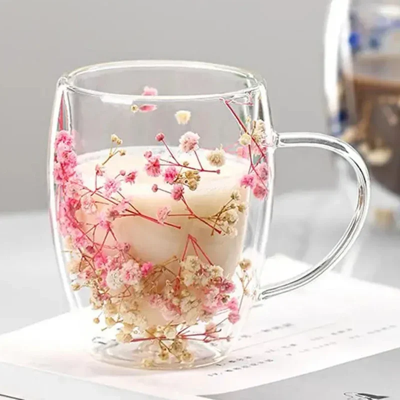 350ml Dried Flower Glass Cup Insulated Double Wall Cup Full Star Milk Coffee Mug with Handle Hot and Cold Tea Cups Beverages Mug