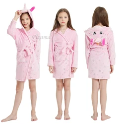 Pink Star Print Girls Bathrobes Hooded Unicorn Pajamas Children's Bath Robes for 2-11 Years Kids Sleepwear Nightgown withe Belt