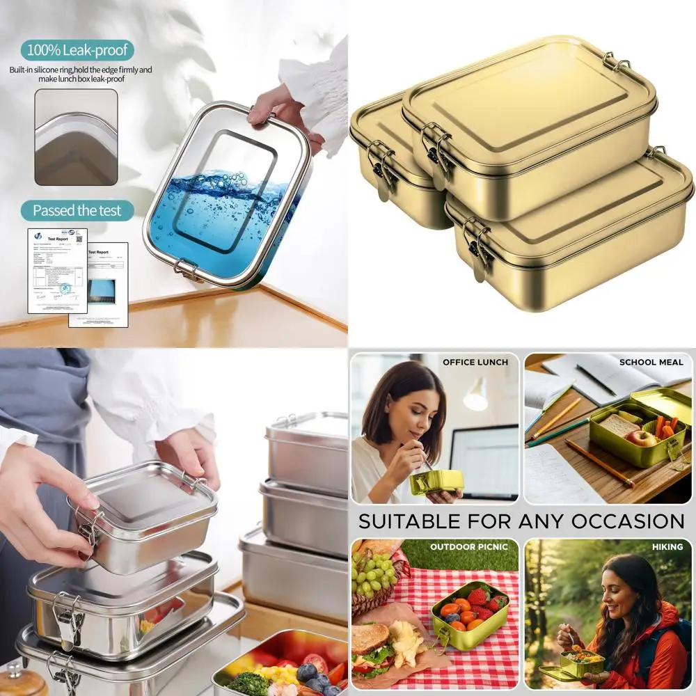 

Stainless Steel Gold Bento Lunch Boxes 1200ml, 3-Pack, Waterproof Food Containers, Snack Prep Trays, Tiffin Carriers