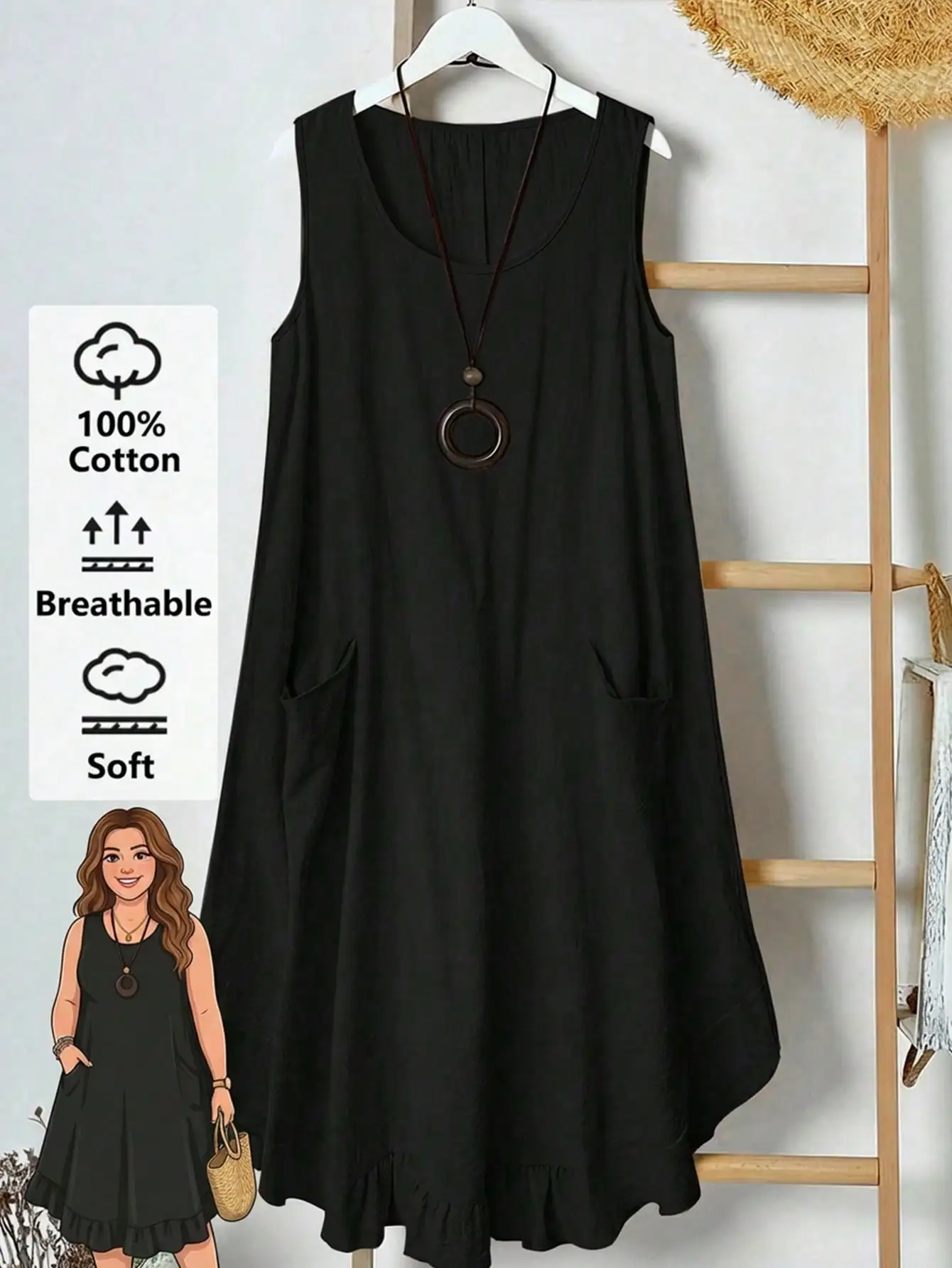 

Черное платье-миди без рукавов А-силуэта с карманами и рюшами по низу, 100% хлопок