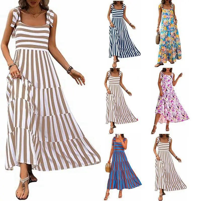 Vestido de férias para viagem, legal, popular, alças finas, sem mangas, tira impressa, verão, vestido casual