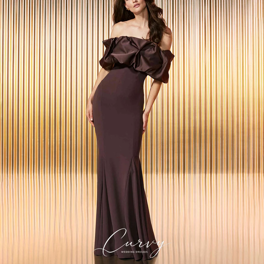 Curvy Vintage Elegant Brown Mermaid Off Shoulder Satin Evening Dresses for Women Vestido Corto Customized 2026