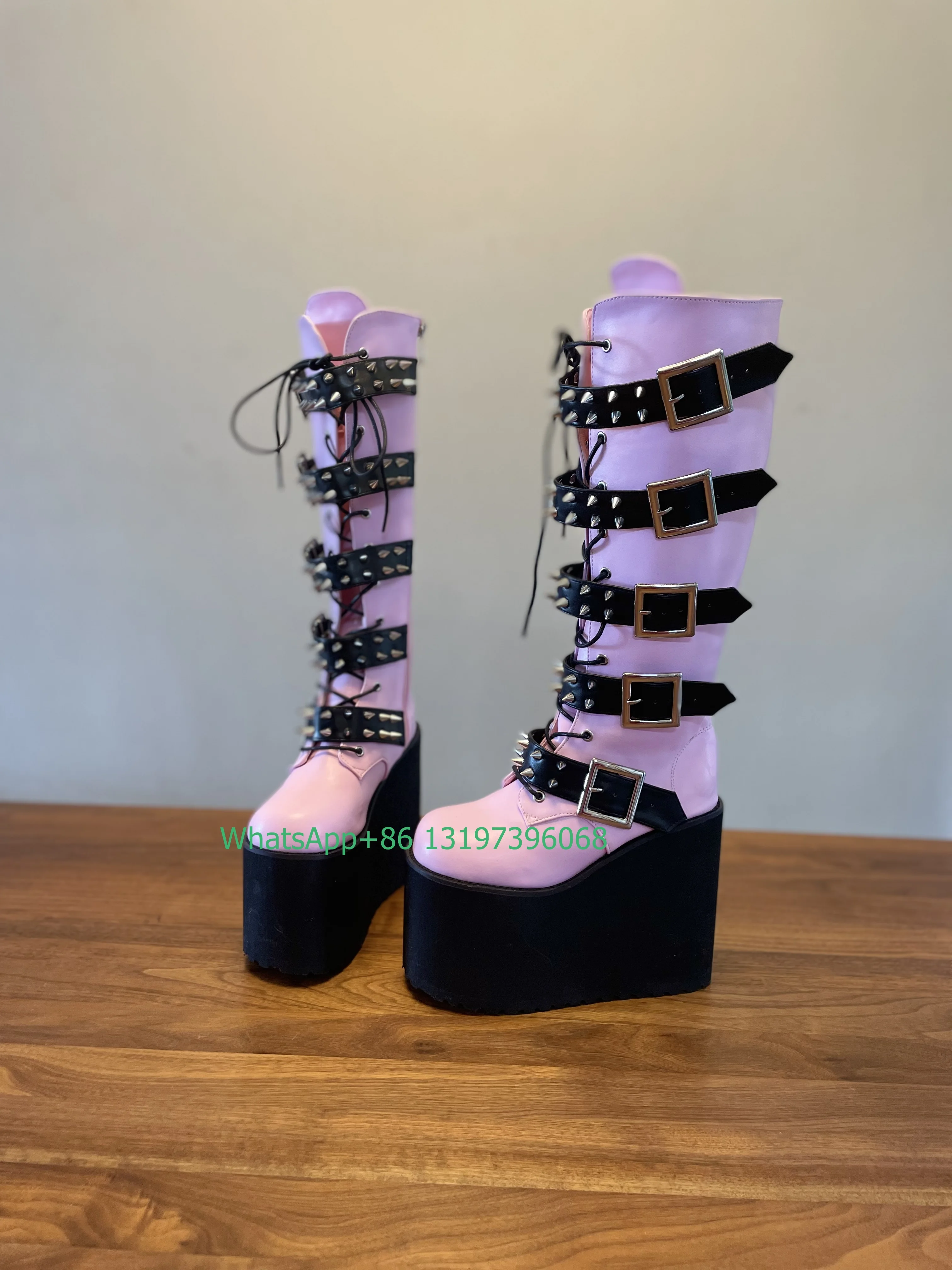 Lady pink Mary Jane stud platform Y2K deisgn boots metal lace-up calf boots PU hot pink punk style boots footwear high top boots