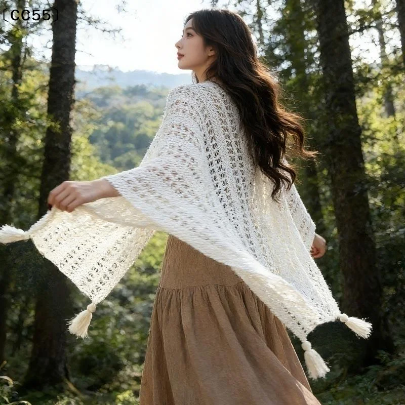 

Summer Mesh Lace Women Cover-Up With Tassels Elegant Beach Open-Front Sun Protection Shawl〔CC55〕