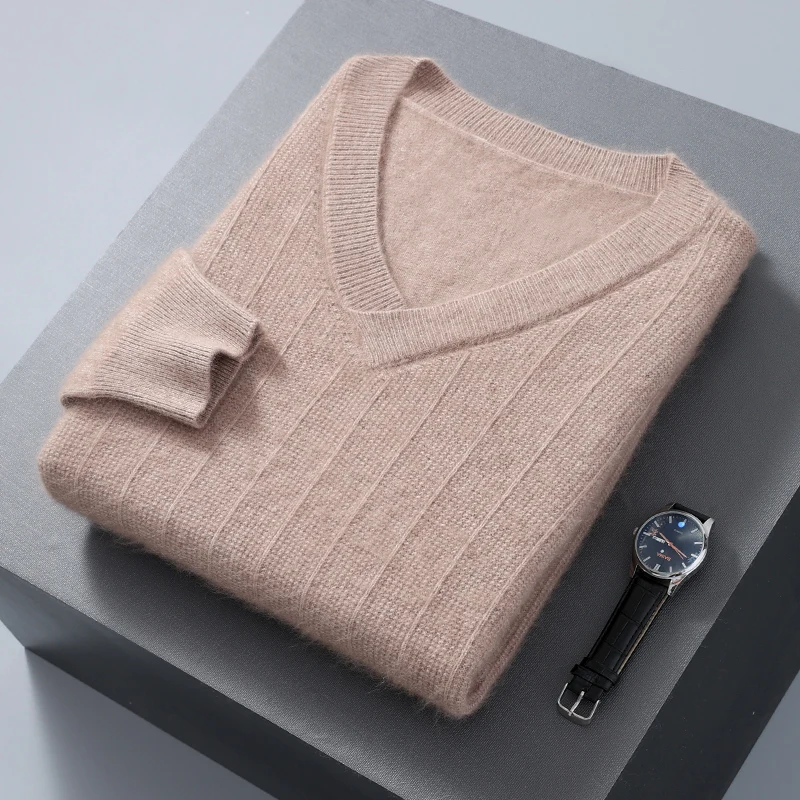 2023 Autumn/Winter New Men\'s 100% Mink Cashmere Sweater Solid V-neck Pullover Comfortable Thickened Warm Sweater Korean Editions