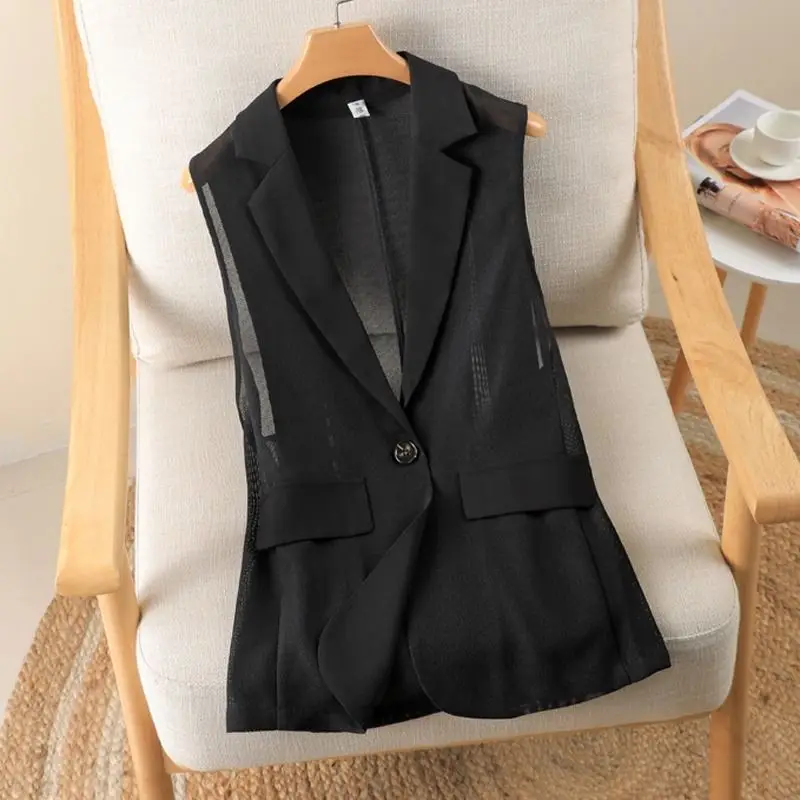 Spring and Summer New Slimming Mesh Sheer Vest Women in Korean Style with Side Slits A Slimming Look Versatile Vest Casual Wear