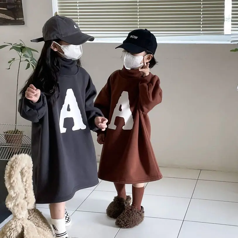

2-12Years Girls Autumn Thick Velvet Dress Kids Turtleneck Long Sleeve Hoodies Dresses for Girls Toddler Warm Long Casual Outfits