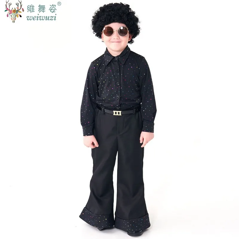 어린이 레트로 70s 디스코 의상 할로윈 카니발 어린이 스팽글 가수 댄서 코스프레 옷 소년 가발 셔츠 바지 의상