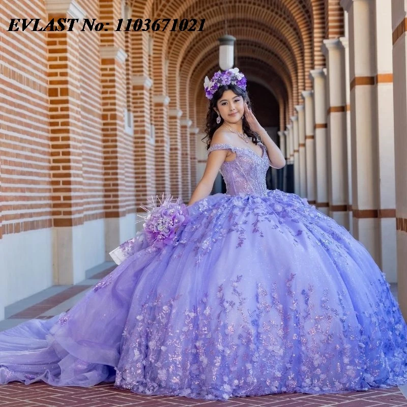 

EVLAST Customized Lavender Quinceanera Dress Ball Gown Lace Applique Beaded Tiered Sweet 16 Vestidos De XV 15 Anos SQ102