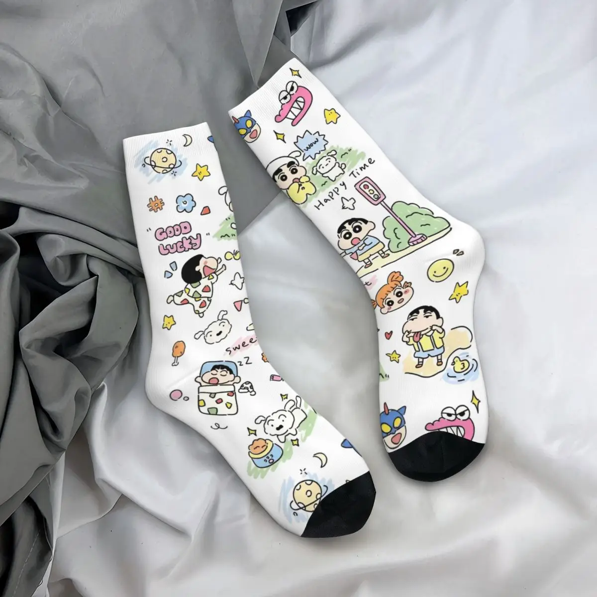 Crayon Shin-chan Happy Time Socks Men's Women's Japanese Anime Socks Harajuku Spring Summer Autumn Winter Middle Tube Stockings