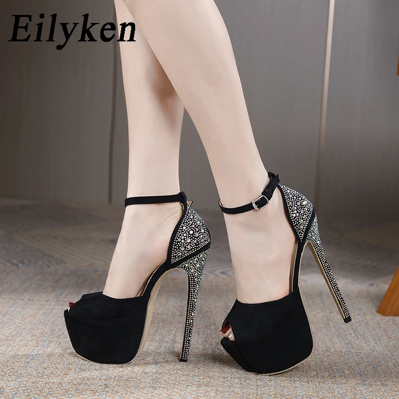 Eilyken Summer Sexy Peep Toe 16CM Rhinestone Cover Heel Stripper Pole Dance Platform Shoes Women Ankle Strap Sandals Pumps