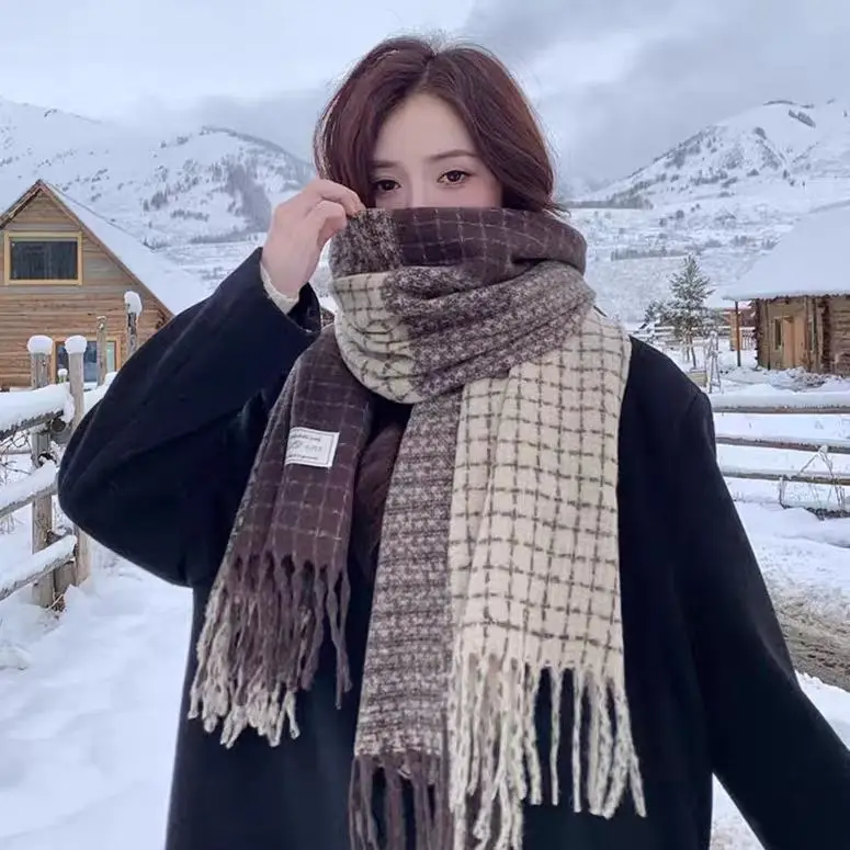 

Трендовый шарф из искусственного кашемира, женский корейский вариант, модный клетчатый глушитель с кисточками, простые теплые женские шарфы, осень-зима Wh97