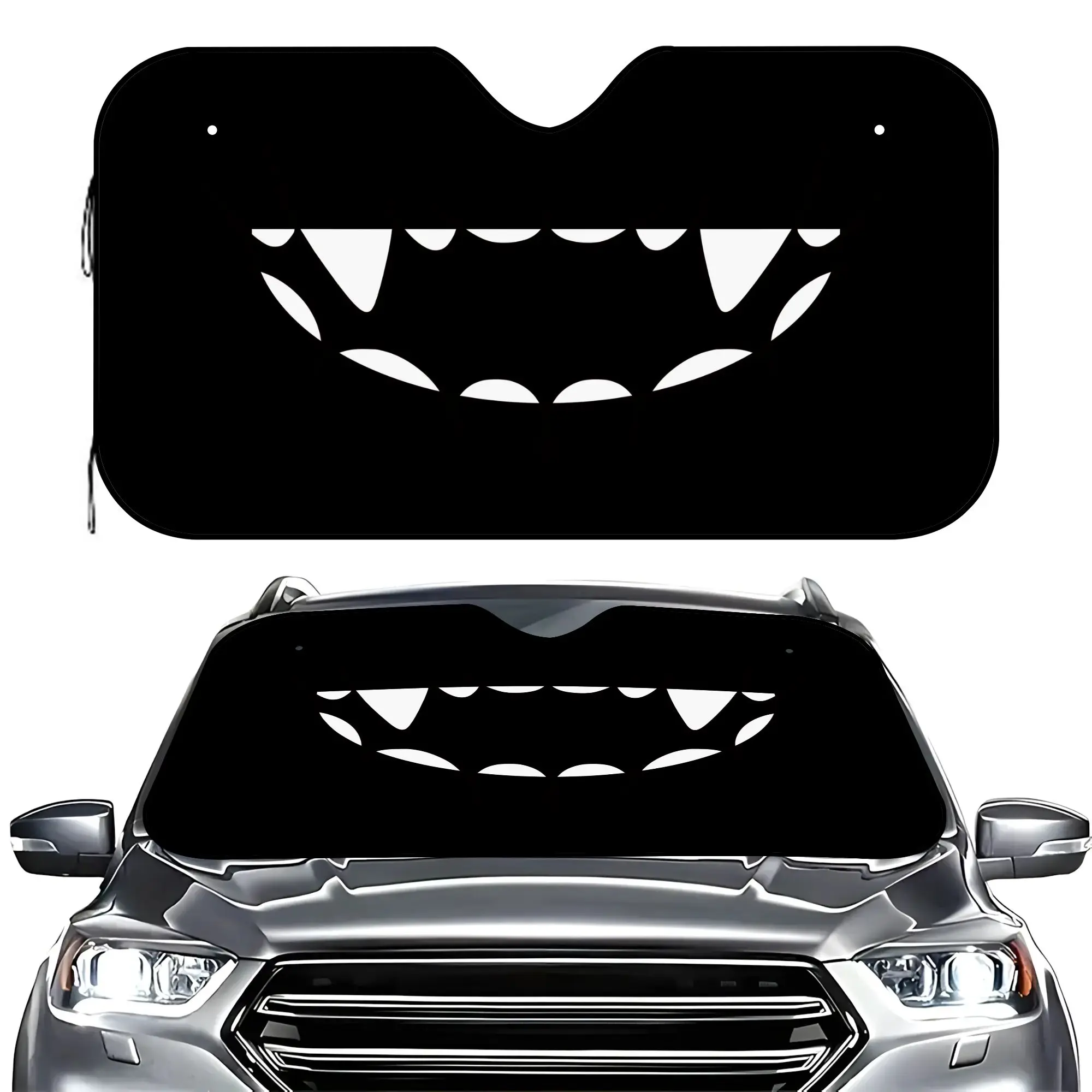 Funny Vampire Teeth Car Windshield Sun Shade, Heat Insulated UV Reflector Protector, Portable Auto Sunshade for Cool Car