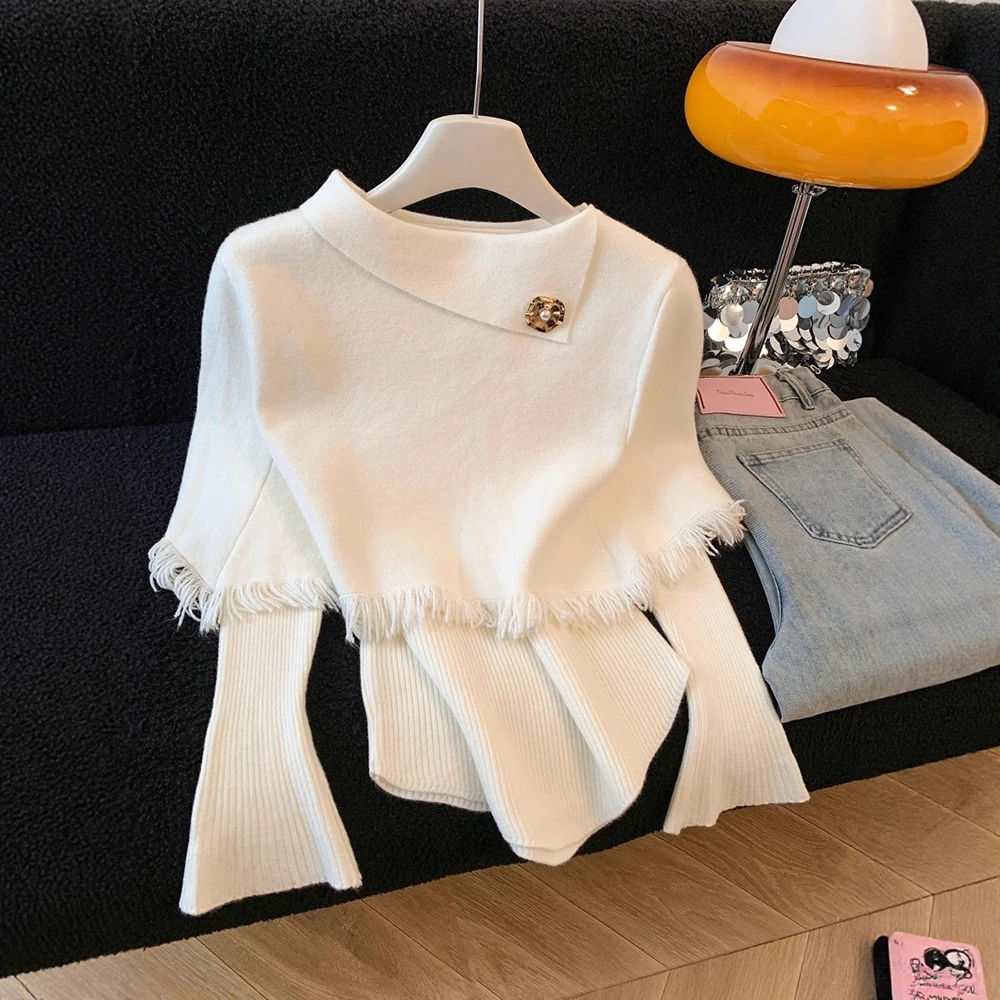 

Asymmetric Fringe Knitted 2Piece Set Women's Spring Autumn Princess Style Slim Fit Chic Office Lady Sweater Outfit With Shawl