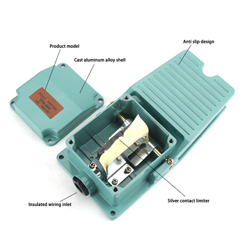 

TFS-402 foot switch machine tool accessories: foot pedal AC 250V 15A 1no 1nc instantaneous pedal control switch with cable gland