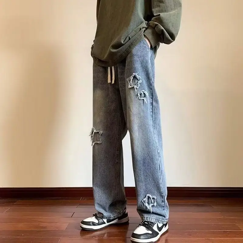 

Foufurieux American High Street Jeans Men Retro Ripped Cross High Waist Denim Pants Summer Fashion Wide Leg Straight Cargo Pants