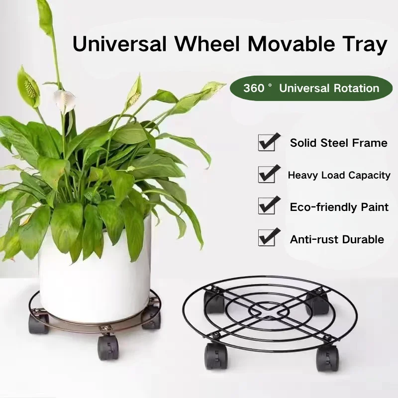 Plant Caddy with Brake Wheels Heavy Duty Metal Flower Pot Mover 360° Swivel Anti-Rust Universal Wheel Tray for Indoor Outdoor