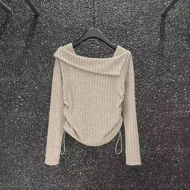 

Sweet Interior Lapping Solid Tops Casual Women's Clothing Long Sleeve Pullovers Ladies Fashion Slash Neck Undercoat T-Shirts