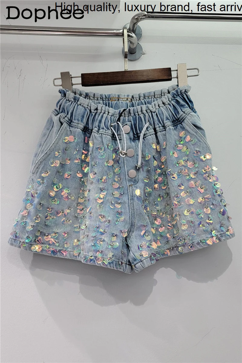 

Summer New 2023 Exquisite Rhinestone Colorful Sequined Denim Women Waist Slimming Wide-Leg Shorts Jeans High Street