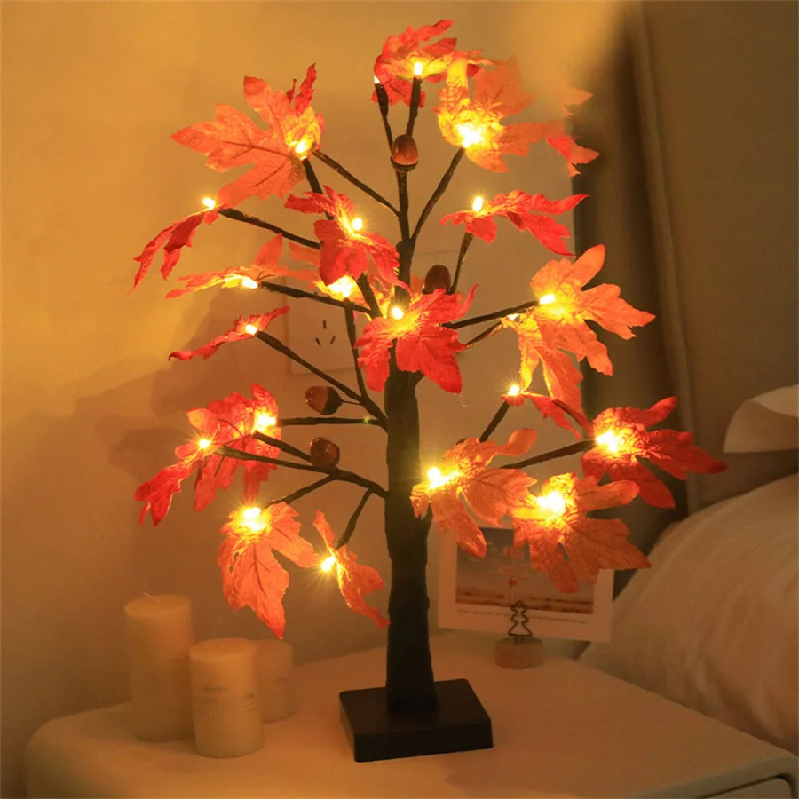 1 Pack Lighted Fall Maple Tree 24 LED Battery Operated Artificial Maple Acorn Tree for Fall Thanksgiving Table Autumn Decor