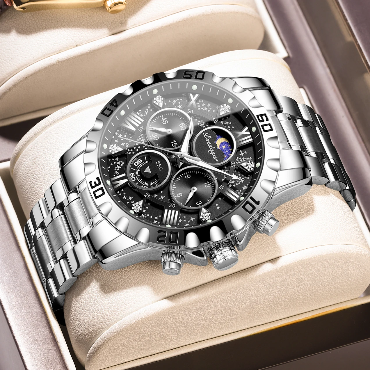 POEDAGAR العلامة التجارية الفاخرة الرجال ساعة كرونوغراف مقاوم للماء الفولاذ المقاوم للصدأ مضيئة الذكور ساعة كوارتز موضة ساعات للرجال Reloj