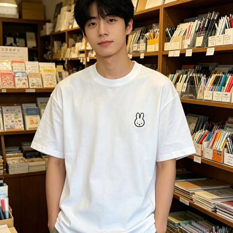 Anime Miffy Embroidery T-Shirt Short Sleeve Crew Neck Soft Cozy Breathable Skin-Friendly Comfortable Loose Casual Commuter Top