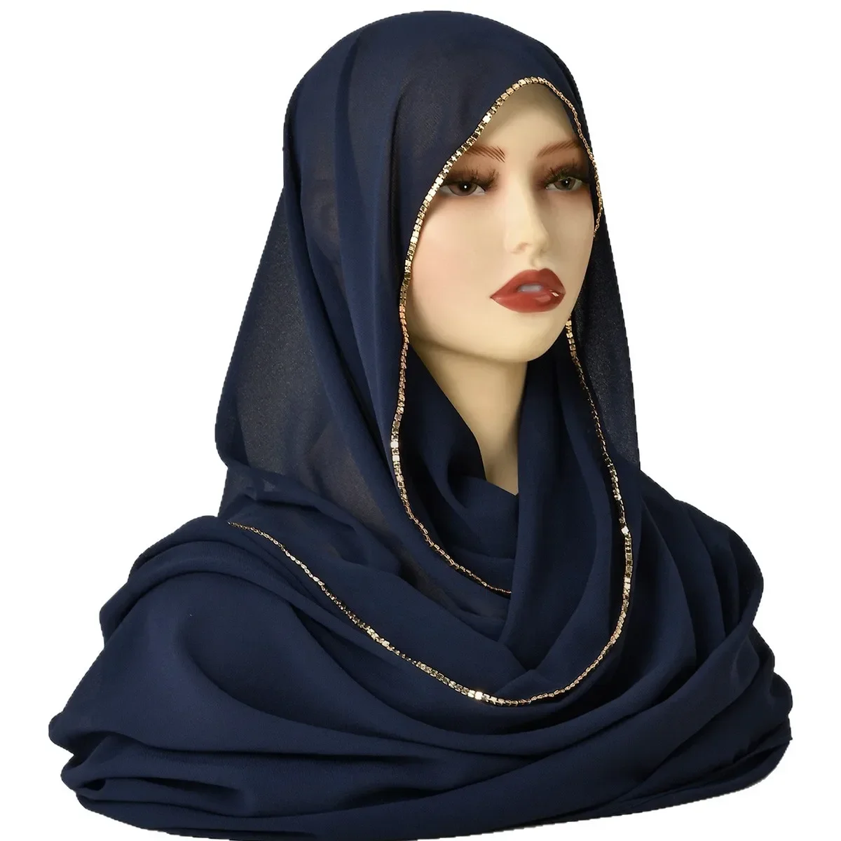 

2025 Popular Pearl Chain Chiffon Scarf Shawl Wrap, Lightweight Breathable Pure Color Headscarf