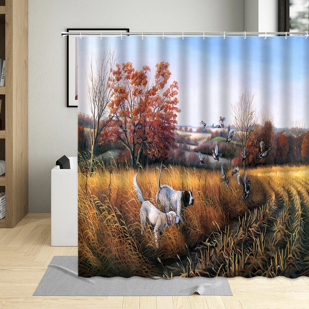 Autumn Forest Scenery Shower Curtain Trees Rural Idyllic View Bathroom Decor Birch Tree Curtains Waterproof Polyester With Hooks