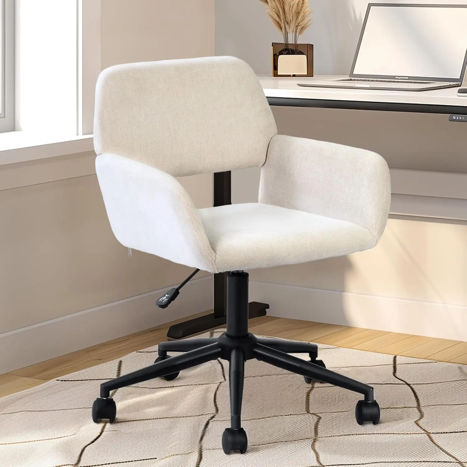 

Swivel Upholstered Office Chair Adjustable Height Mid Back Armchair Beige Modern Home Office Furniture