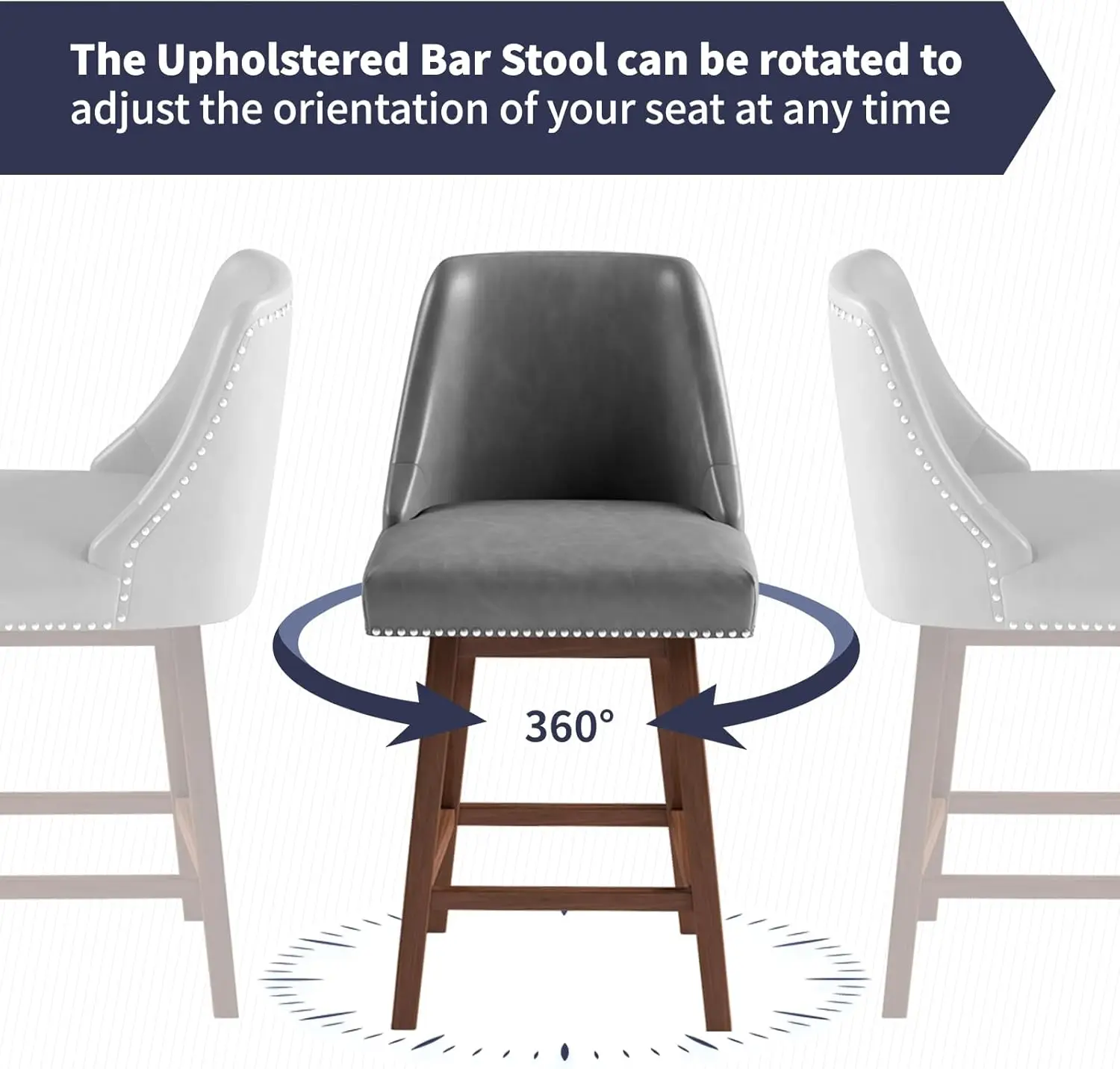 Counter Height Bar Stools Set Of 3, 26"" H Swivel Barstools With Back, Synthetic Leather Counter Stool, Solid Wood Legs,