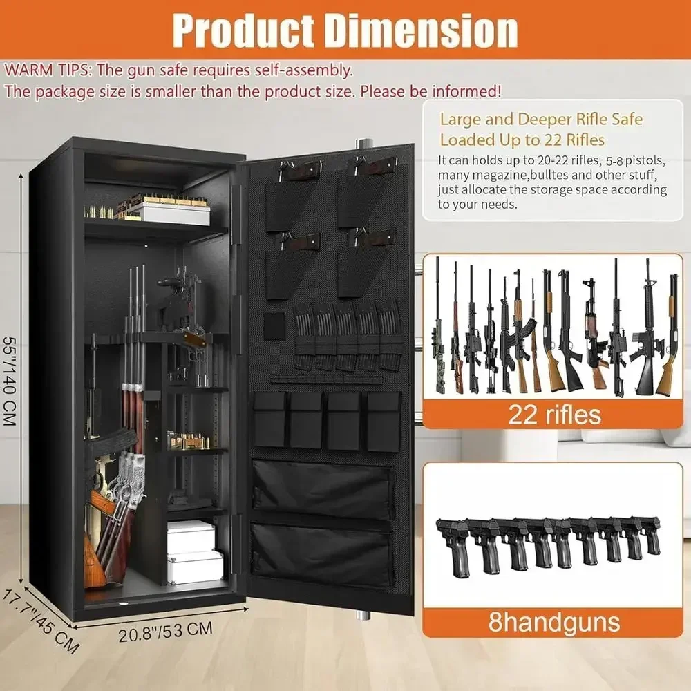 Long Gun Safe with 20-30 Rifle Capacity, Removable Shelves, Silent Operation, External Battery, LED Light, and 180° Door Organiz